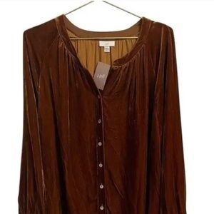 J. Jill Silk Blend Bronze Whiskeybar Velvet Button Down Shirt XL NWT